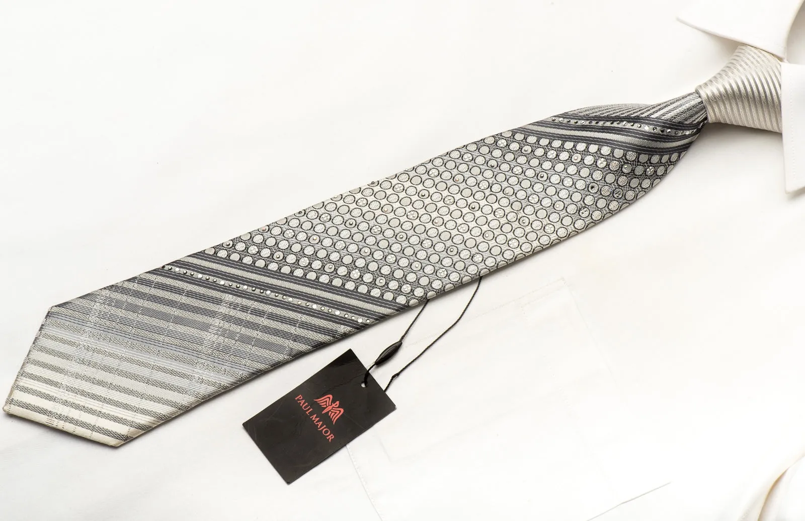 Paul Major Men's Rhinestone Silk Necktie Geometric & Striped On Silver White With Sparkles