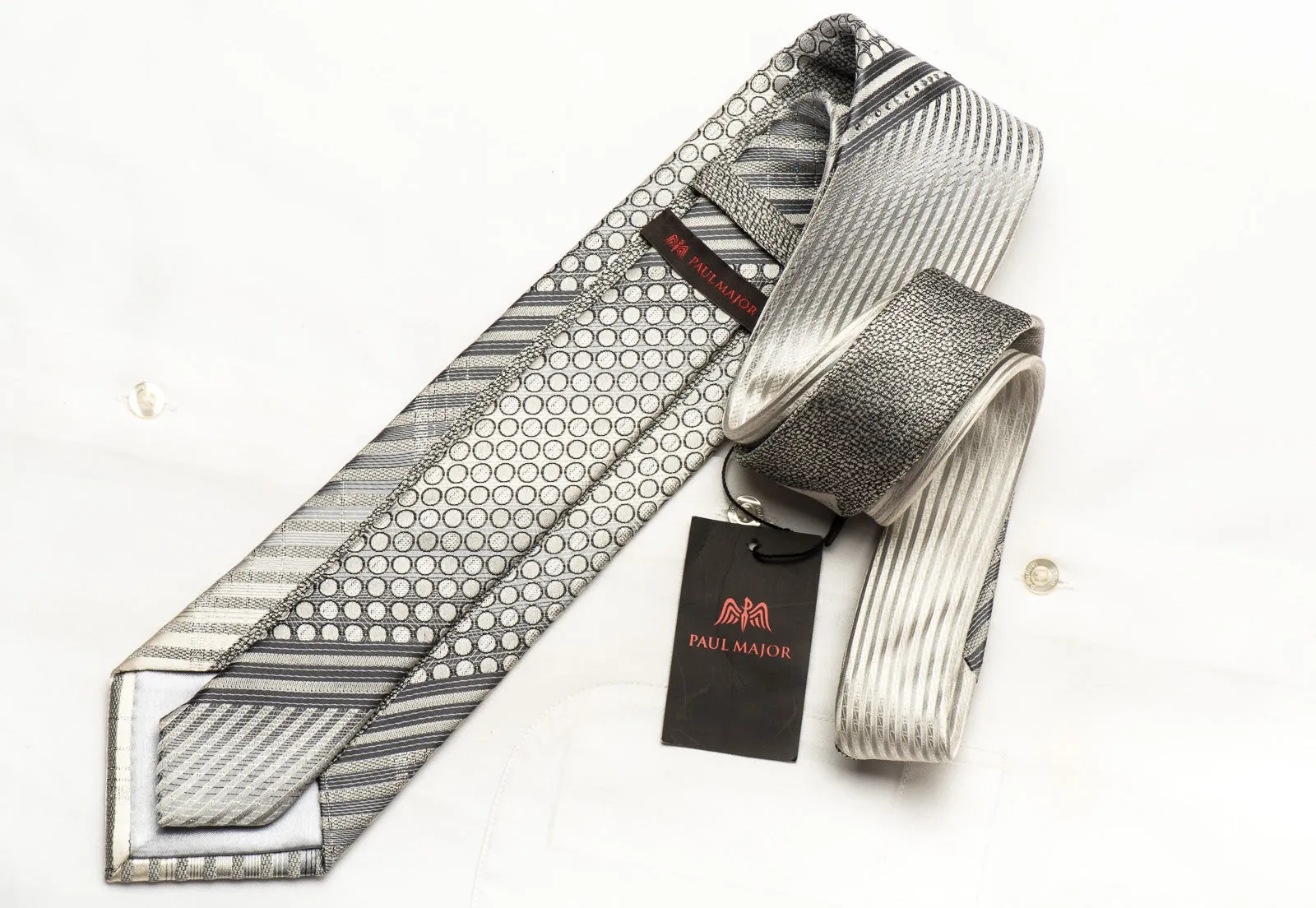 Paul Major Men's Rhinestone Silk Necktie Geometric & Striped On Silver White With Sparkles