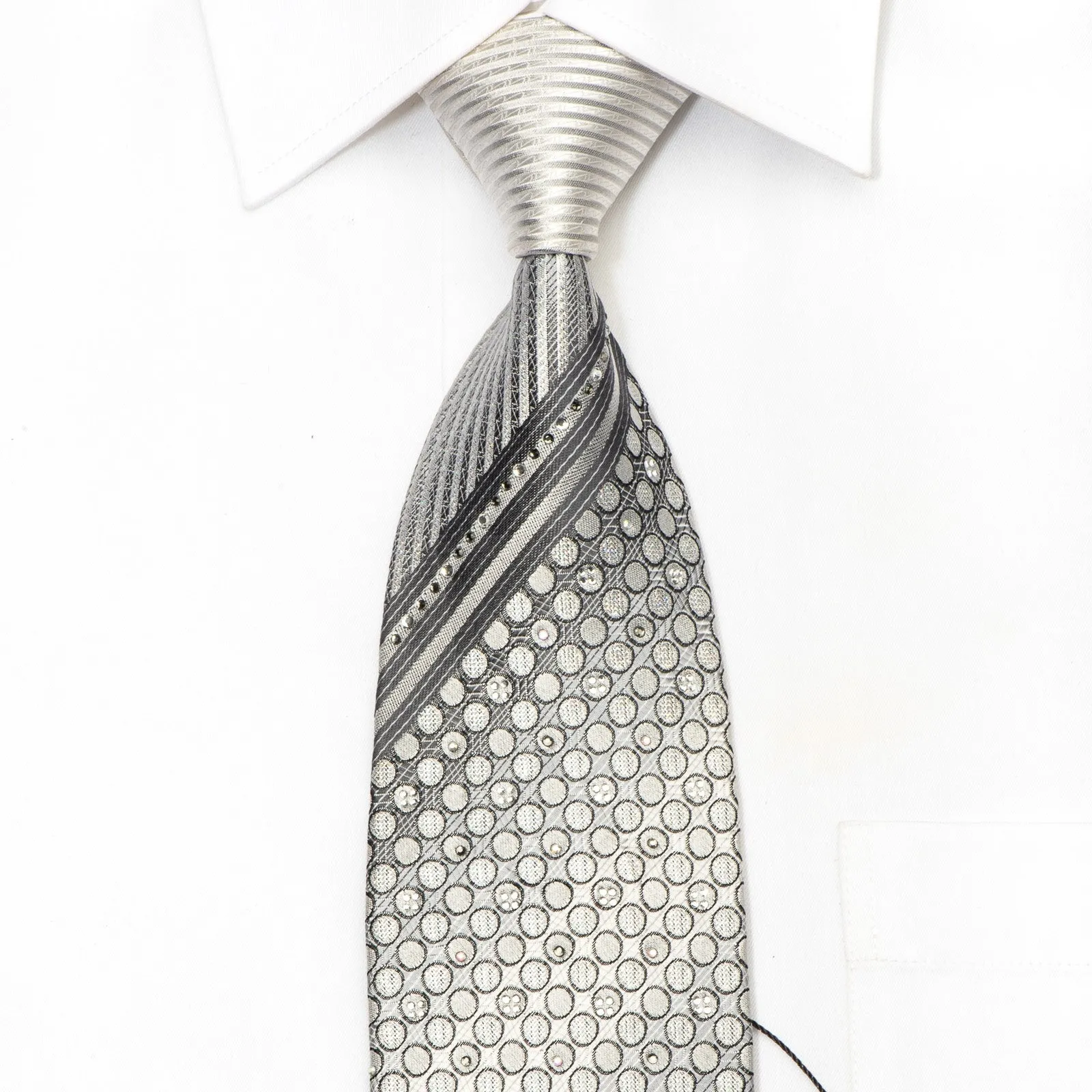 Paul Major Men's Rhinestone Silk Necktie Geometric & Striped On Silver White With Sparkles