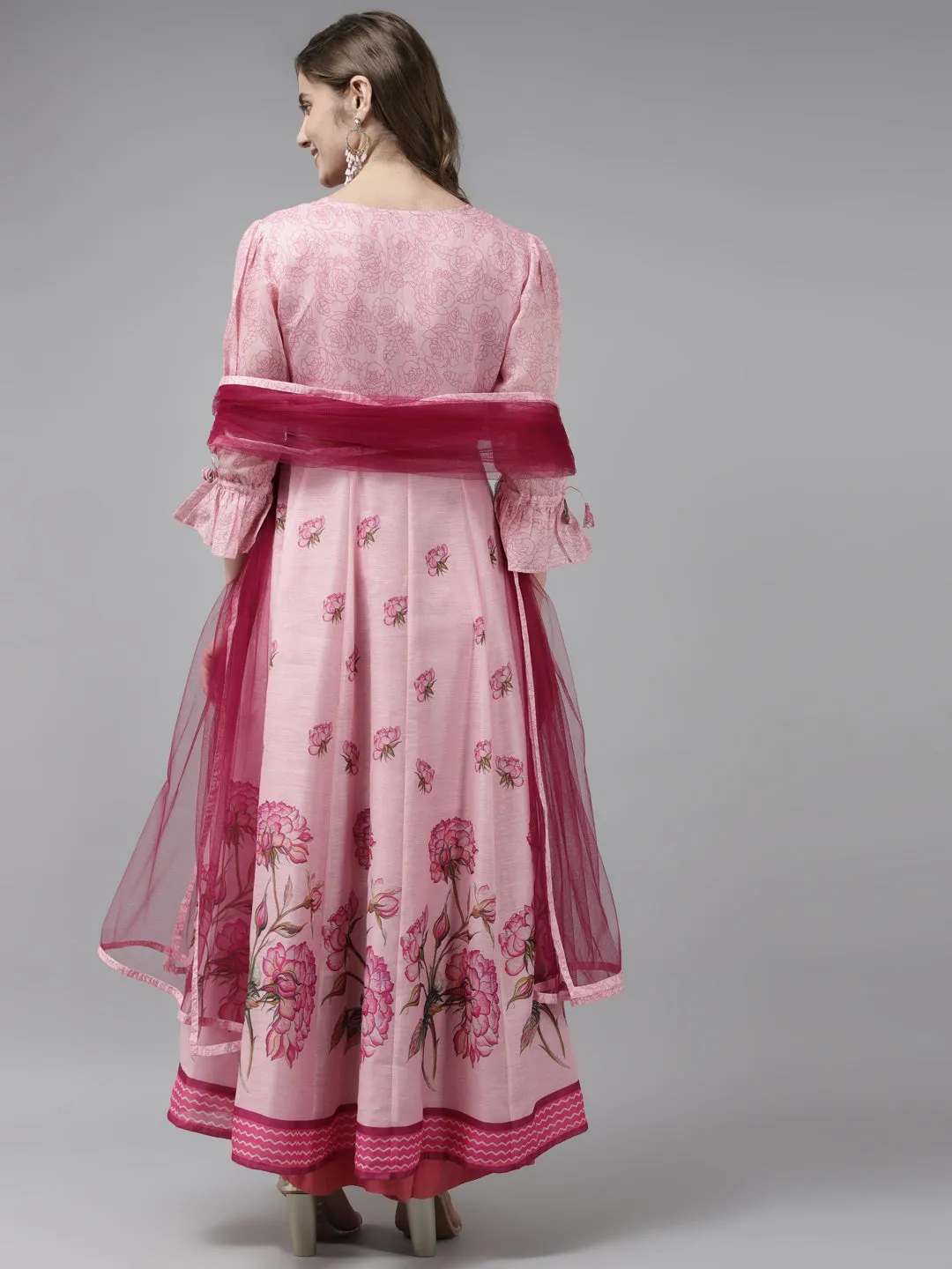 Pink Floral Printed Floral Chanderi Silk Anarkali Kurta With Dupatta