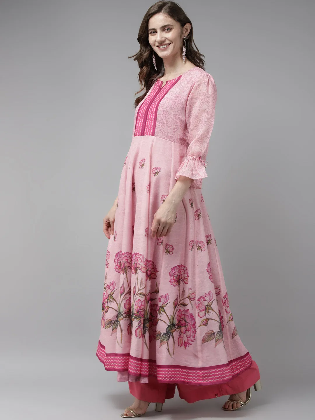 Pink Floral Printed Floral Chanderi Silk Anarkali Kurta With Dupatta