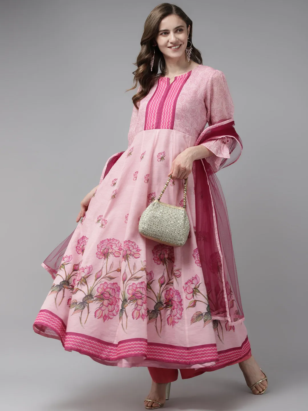 Pink Floral Printed Floral Chanderi Silk Anarkali Kurta With Dupatta