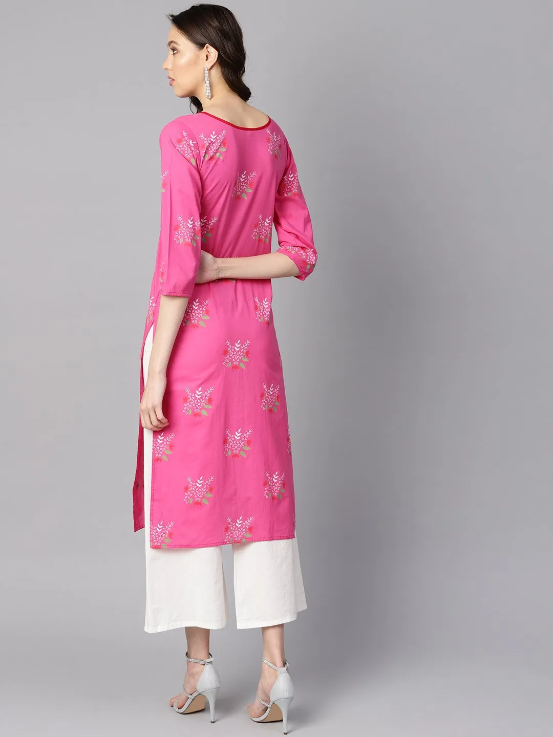 Pink Round Neck Floral Printed Cotton Straight Kurta