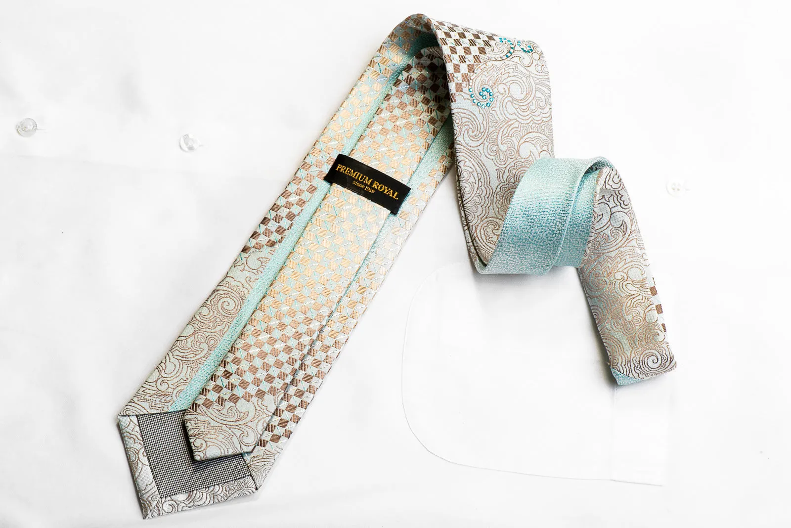 Premium Royal Rhinestone Silk Tie Gold Paisley Checkered On Pale Blue With Sparkles