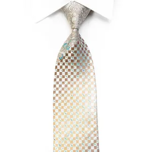 Premium Royal Rhinestone Silk Tie Gold Paisley Checkered On Pale Blue With Sparkles