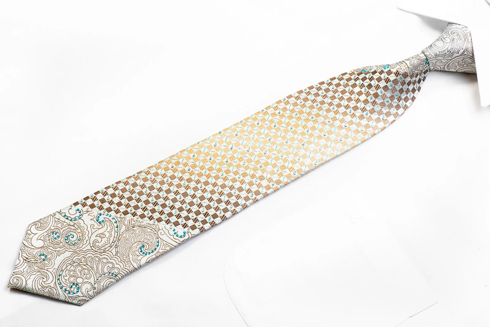 Premium Royal Rhinestone Silk Tie Gold Paisley Checkered On Pale Blue With Sparkles