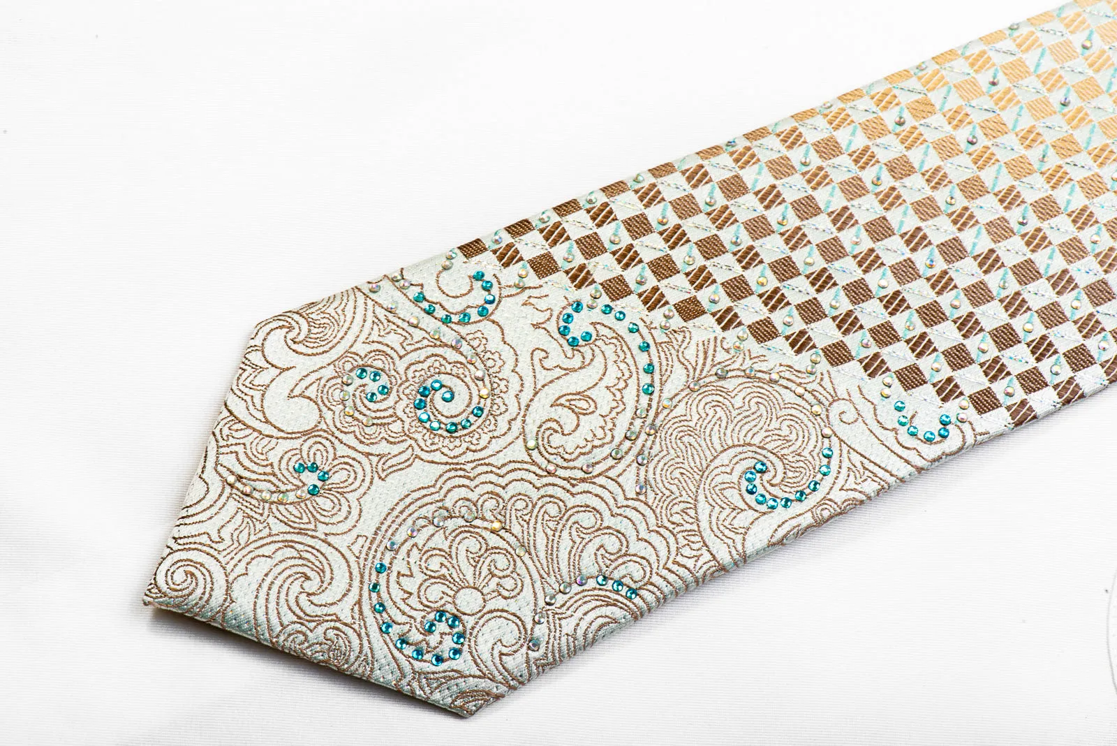 Premium Royal Rhinestone Silk Tie Gold Paisley Checkered On Pale Blue With Sparkles