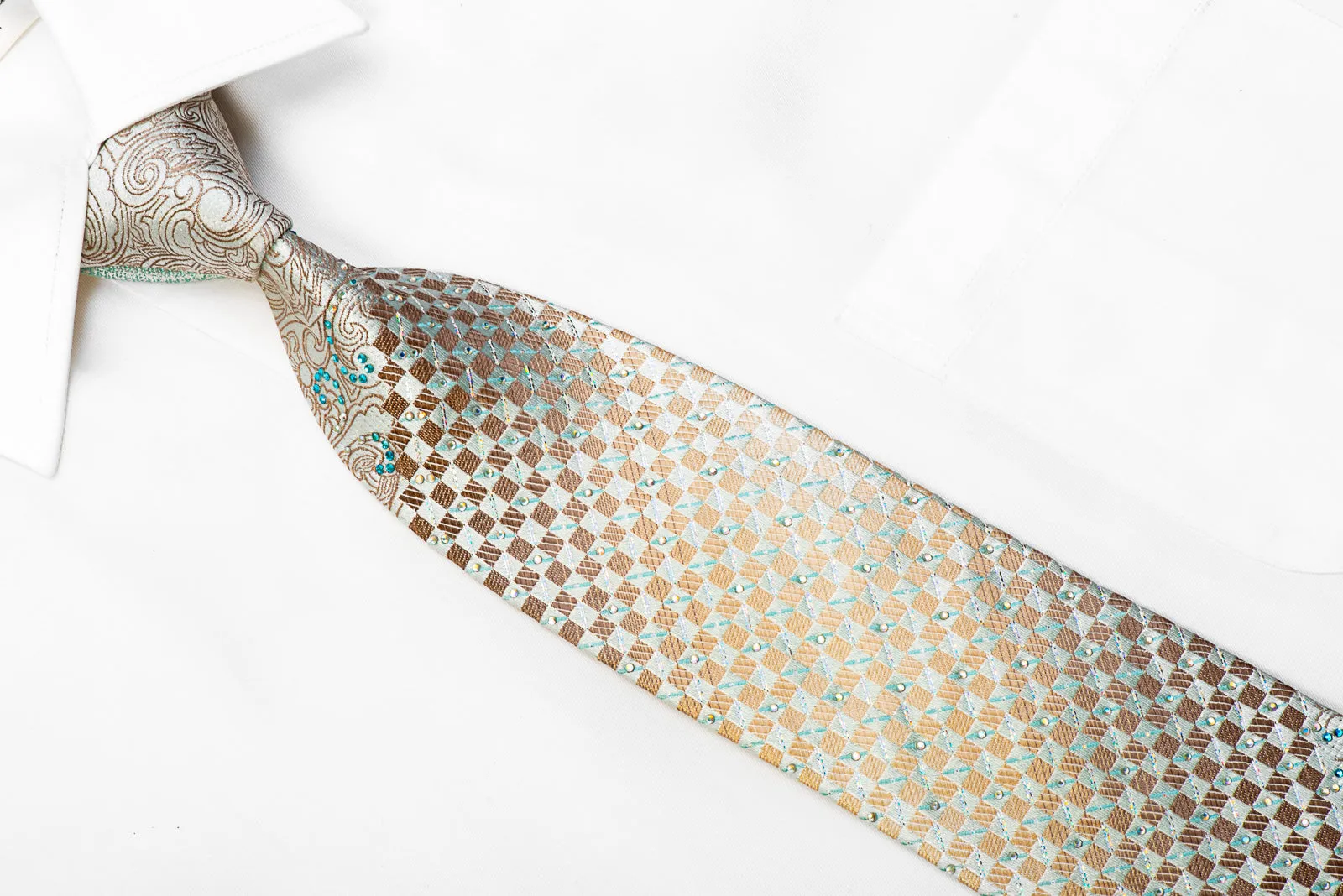 Premium Royal Rhinestone Silk Tie Gold Paisley Checkered On Pale Blue With Sparkles