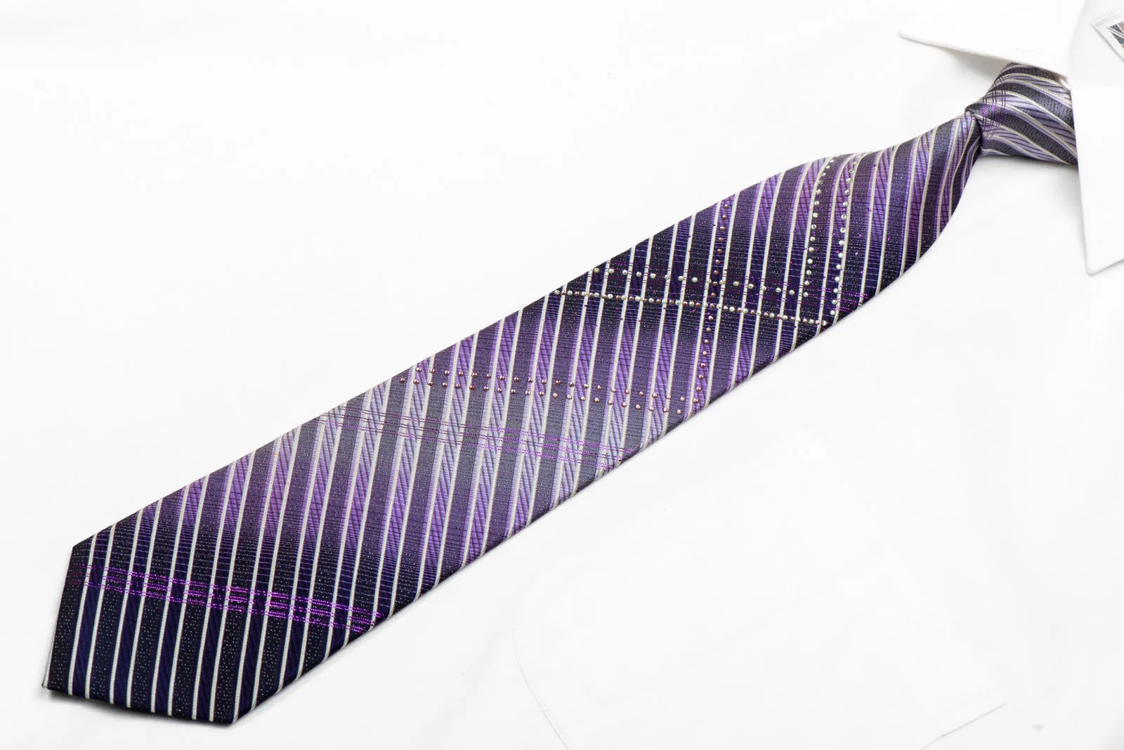 Purple Navy Silver Striped Rhinestone Silk Necktie With Purple Sparkles