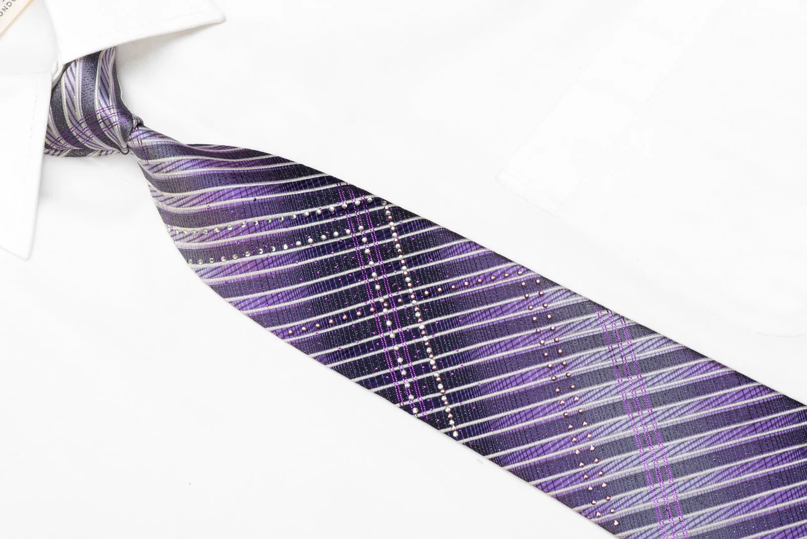Purple Navy Silver Striped Rhinestone Silk Necktie With Purple Sparkles