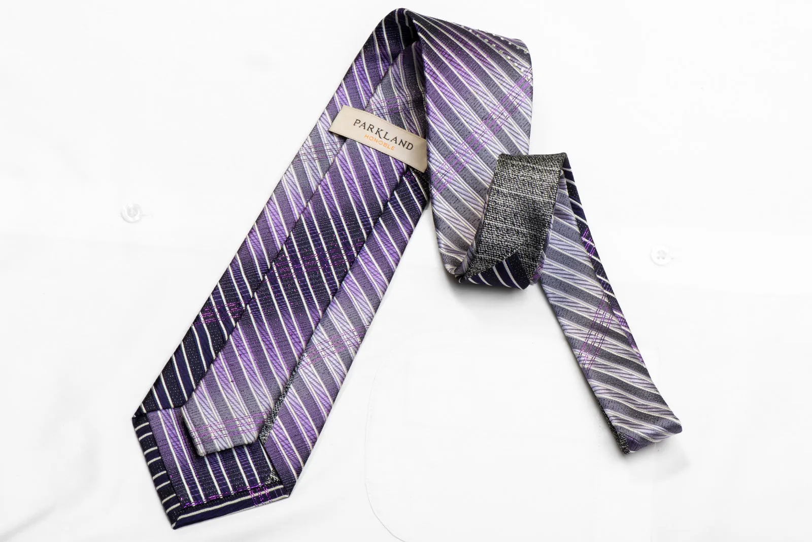 Purple Navy Silver Striped Rhinestone Silk Necktie With Purple Sparkles