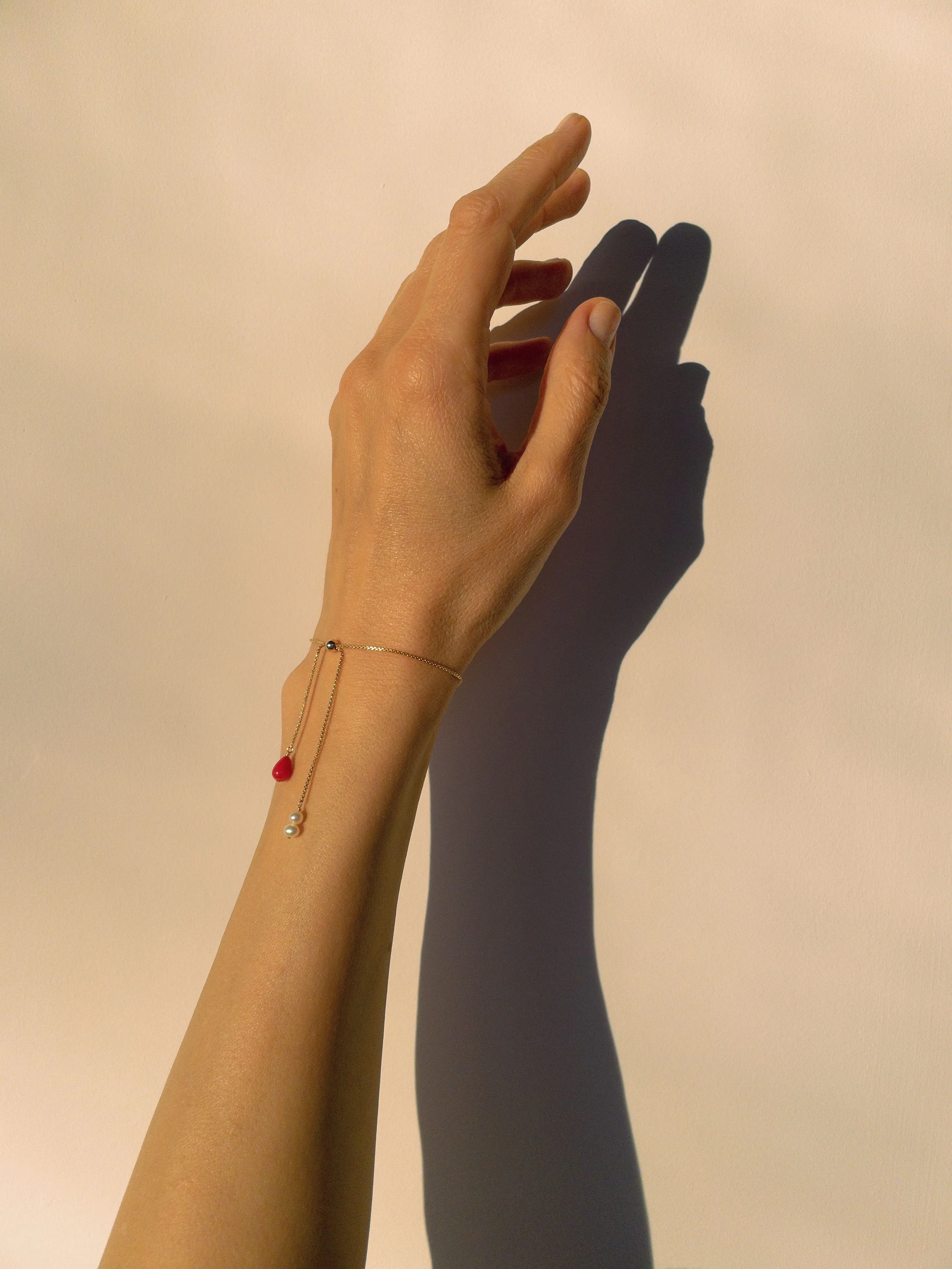 Red Coral Bracelet with Freshwater Pearls and Adjustable Gold-filled Chain