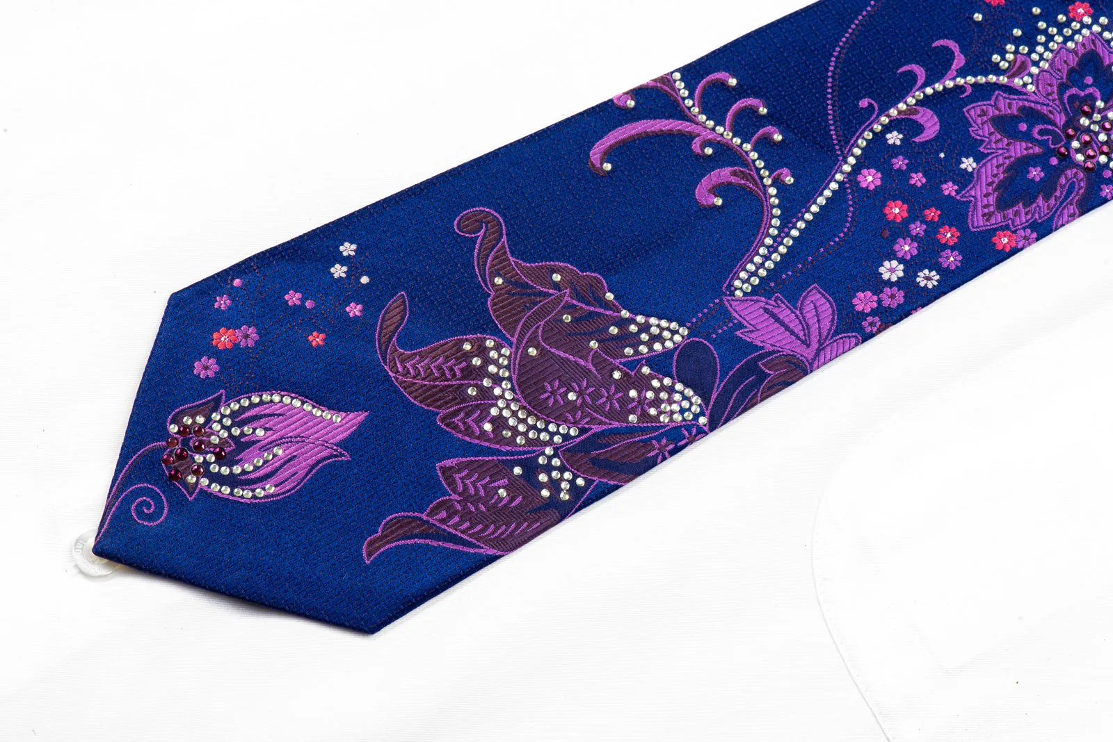 Remizio Rhinestone Silk Necktie Purple Floral On Blue With Sparkles