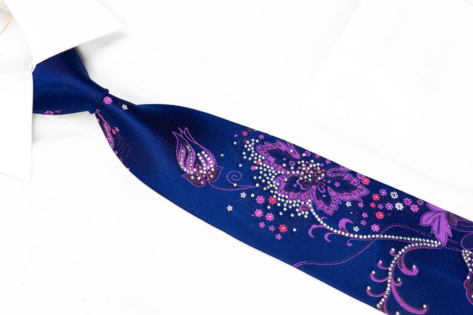 Remizio Rhinestone Silk Necktie Purple Floral On Blue With Sparkles