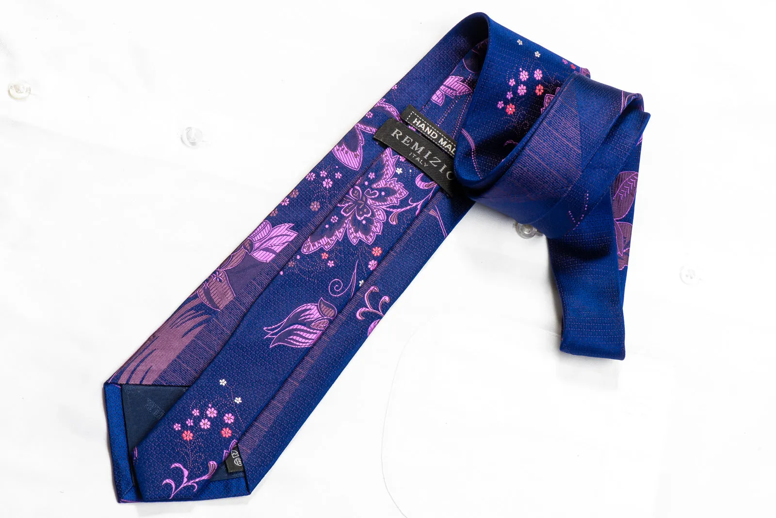 Remizio Rhinestone Silk Necktie Purple Floral On Blue With Sparkles