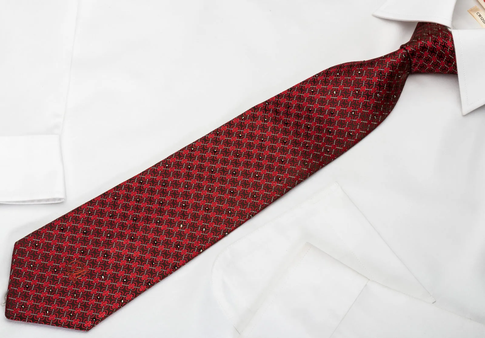 Renoma Silk Rhinestone Necktie Red Quatrefoil Trellis On Burgundy With Sparkles