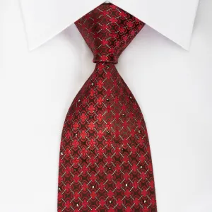 Renoma Silk Rhinestone Necktie Red Quatrefoil Trellis On Burgundy With Sparkles