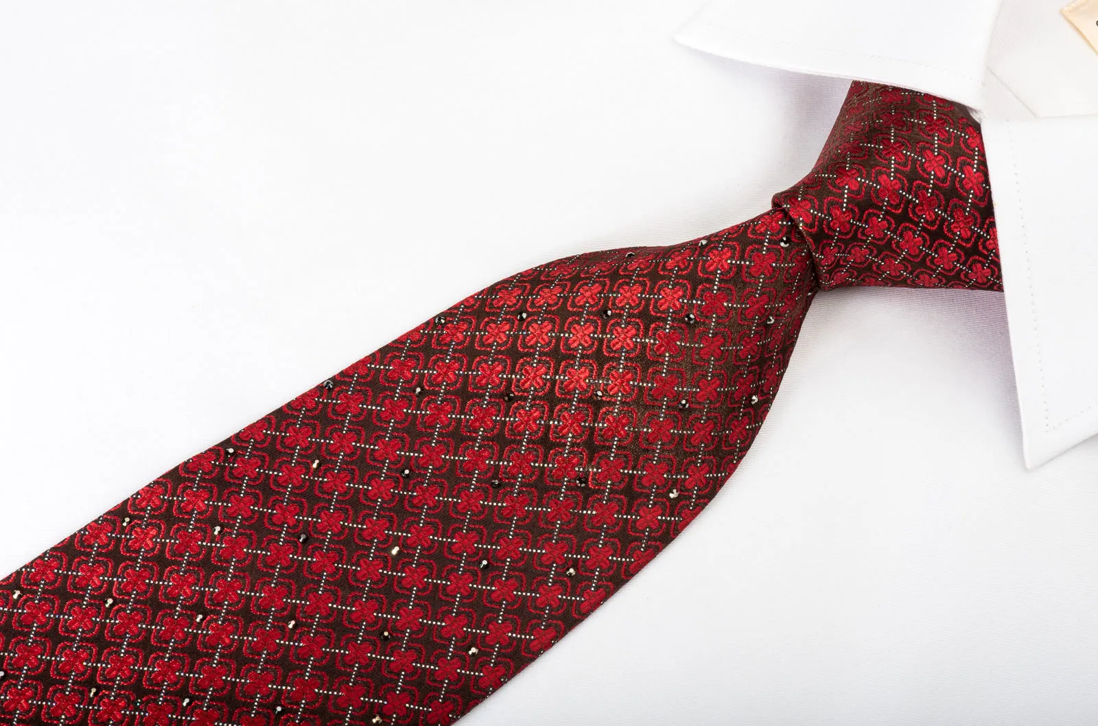 Renoma Silk Rhinestone Necktie Red Quatrefoil Trellis On Burgundy With Sparkles