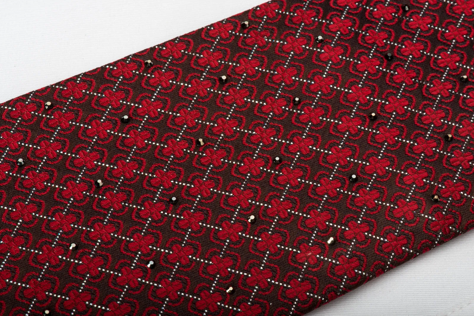 Renoma Silk Rhinestone Necktie Red Quatrefoil Trellis On Burgundy With Sparkles