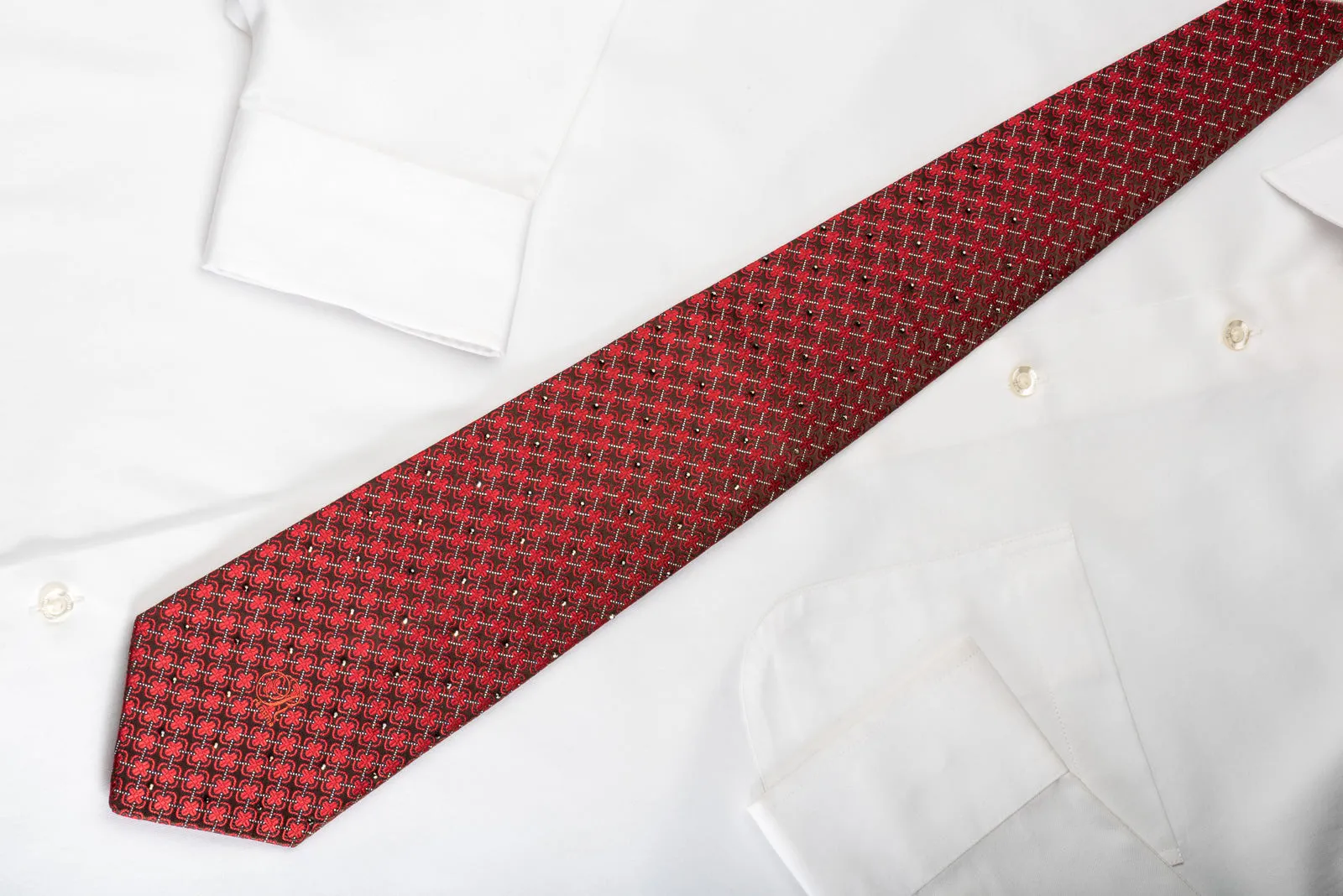 Renoma Silk Rhinestone Necktie Red Quatrefoil Trellis On Burgundy With Sparkles