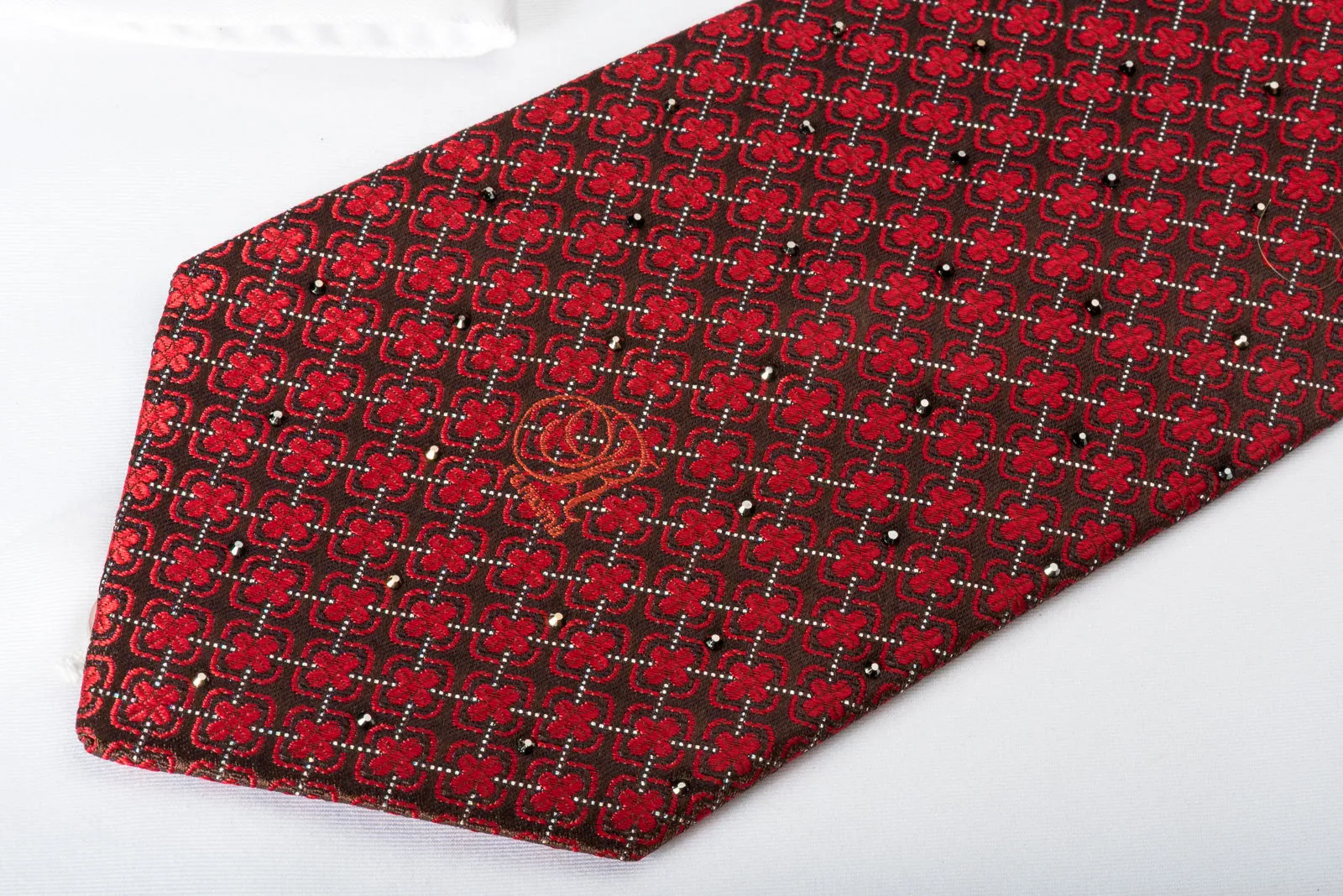 Renoma Silk Rhinestone Necktie Red Quatrefoil Trellis On Burgundy With Sparkles