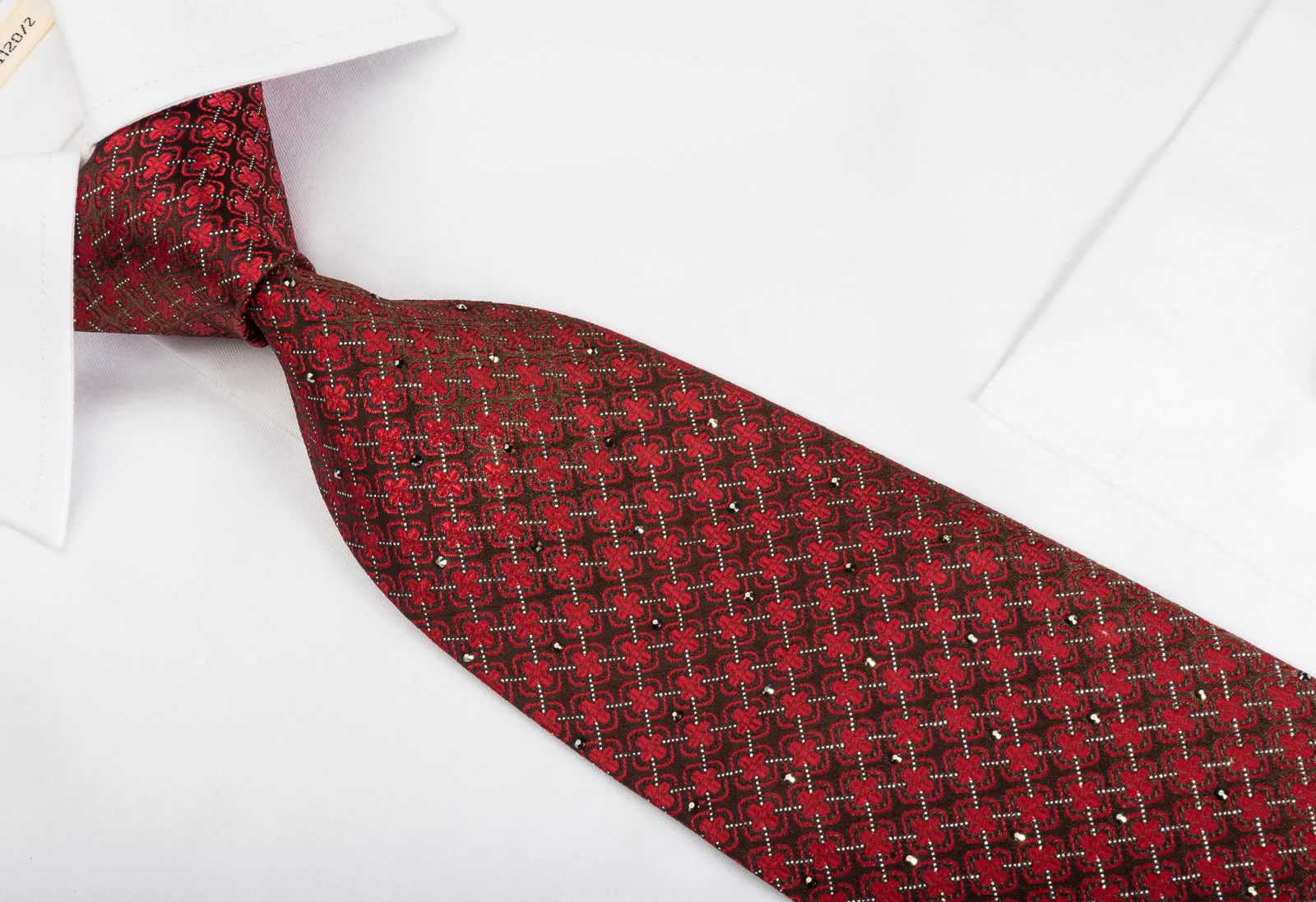 Renoma Silk Rhinestone Necktie Red Quatrefoil Trellis On Burgundy With Sparkles