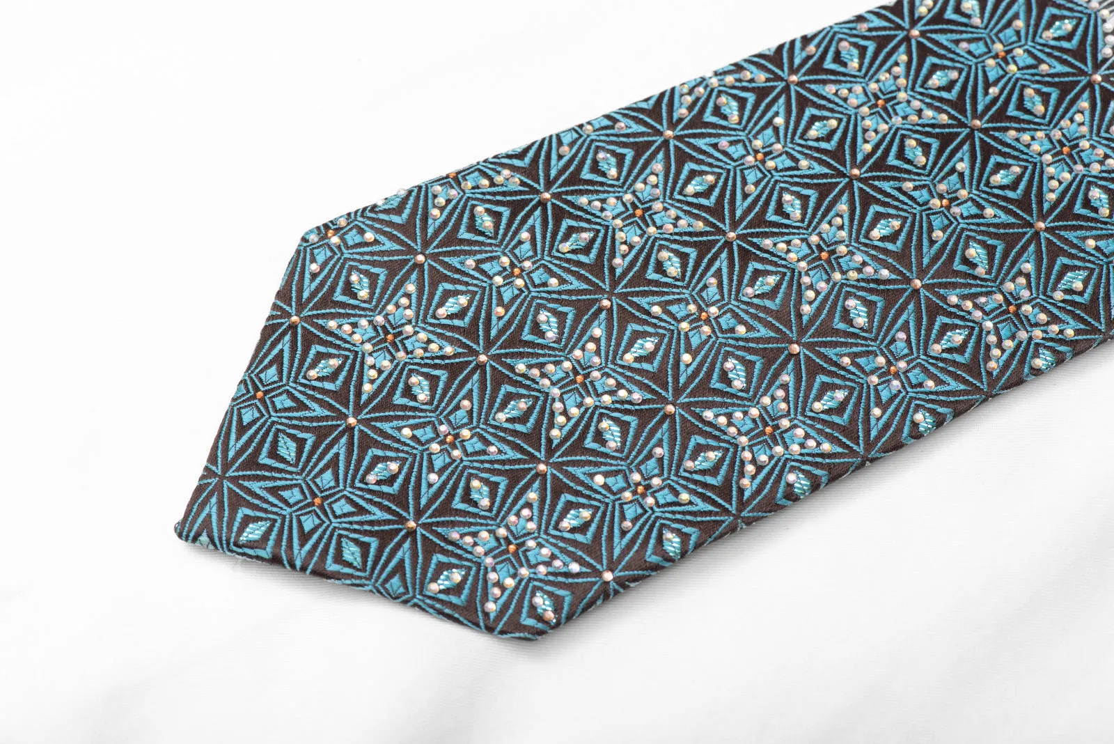Teal Geometric Trellis On Brown Rhinestone Silk Necktie With Sparkles