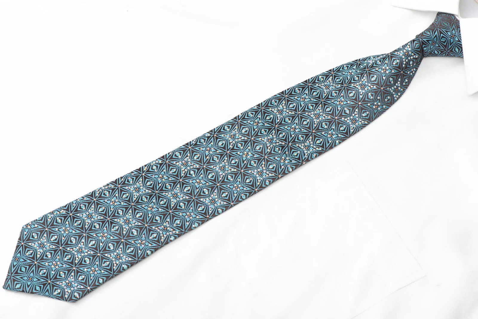 Teal Geometric Trellis On Brown Rhinestone Silk Necktie With Sparkles