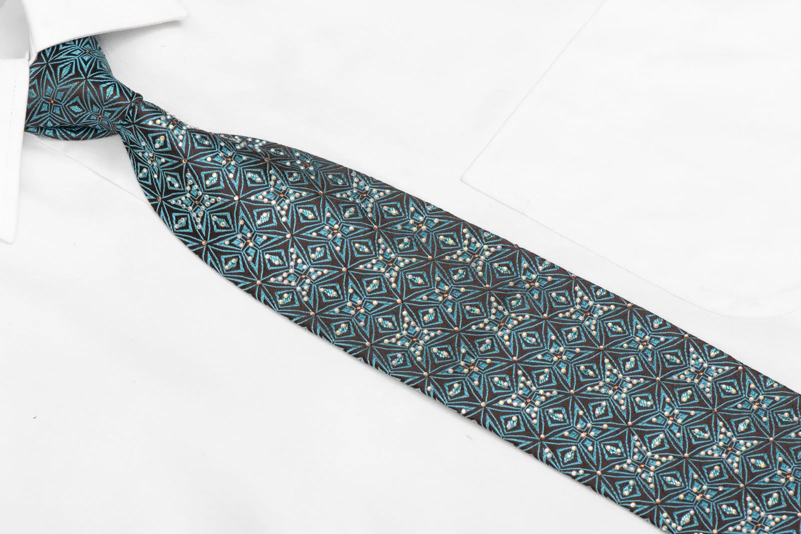 Teal Geometric Trellis On Brown Rhinestone Silk Necktie With Sparkles