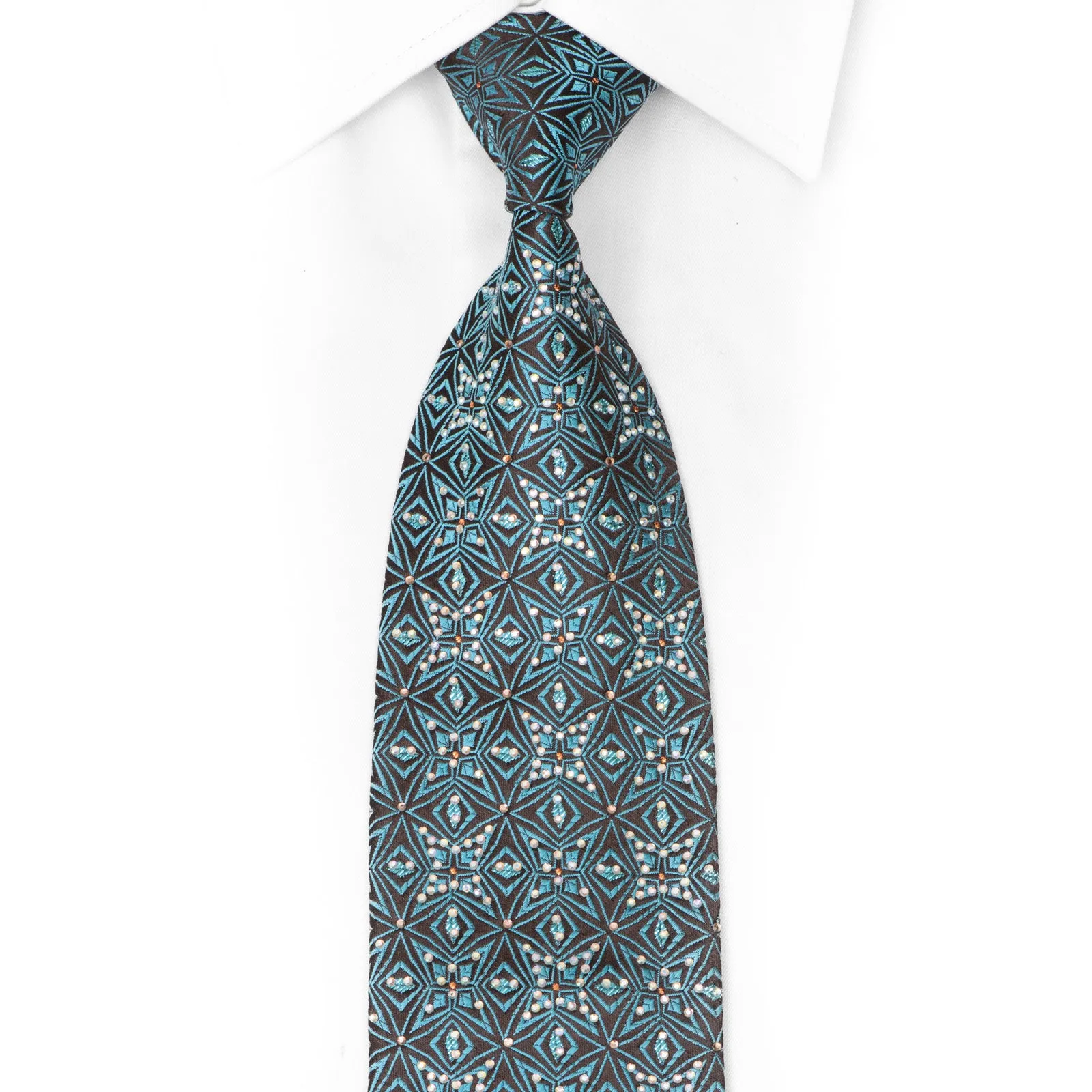Teal Geometric Trellis On Brown Rhinestone Silk Necktie With Sparkles
