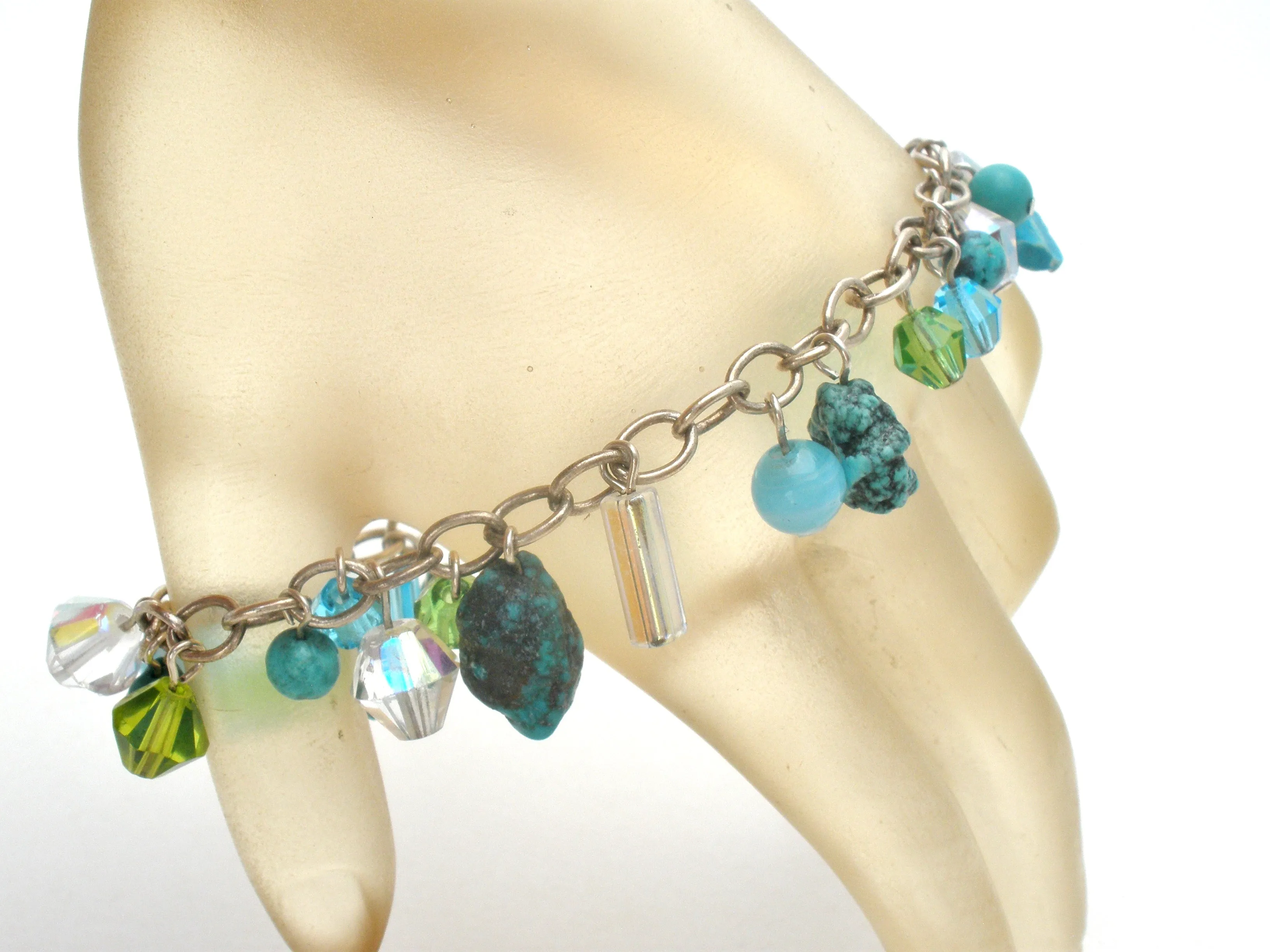 Turquoise & Crystal Bead 925 Bracelet Vintage