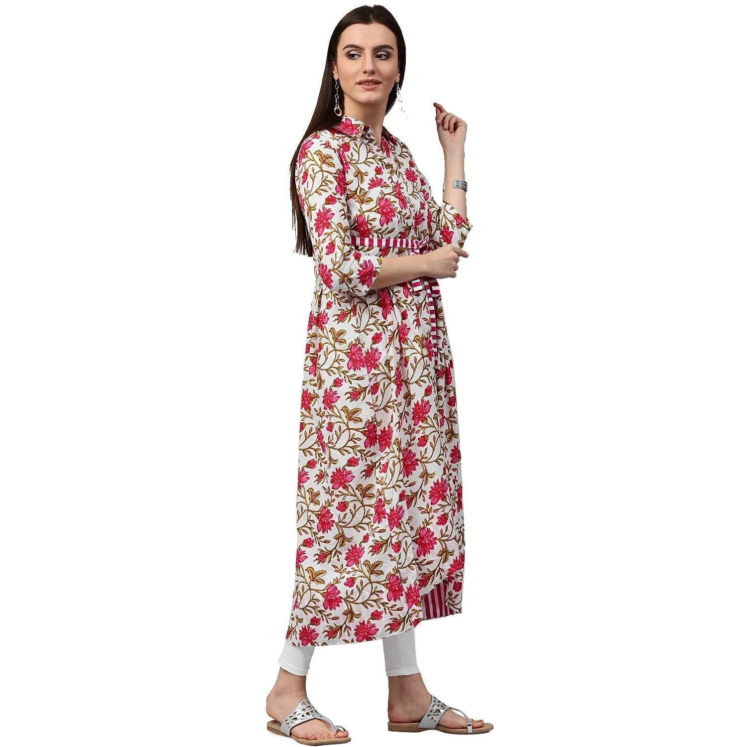 White Floral Printed 3/4Th Sleeve Cotton Anarkali Kurta