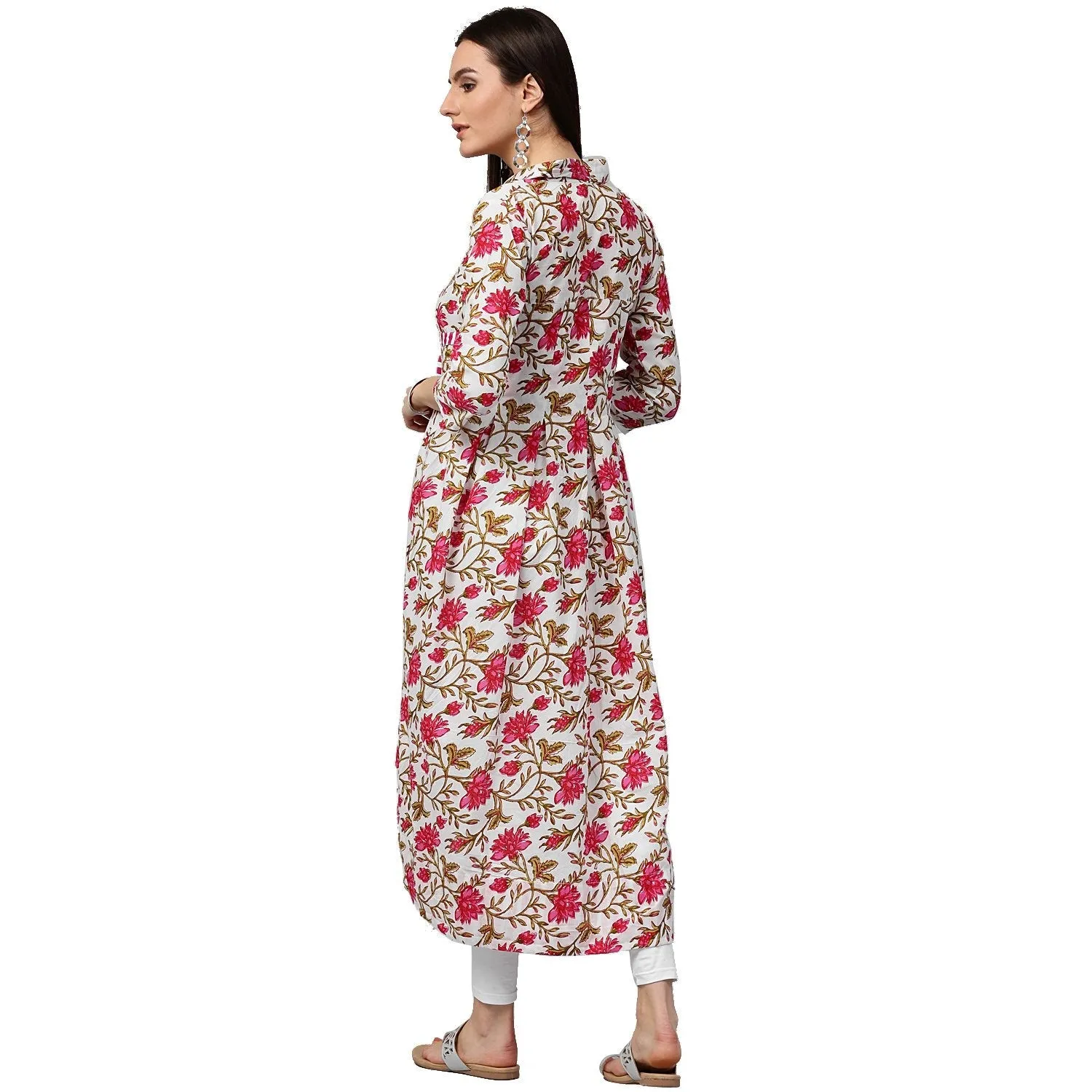 White Floral Printed 3/4Th Sleeve Cotton Anarkali Kurta