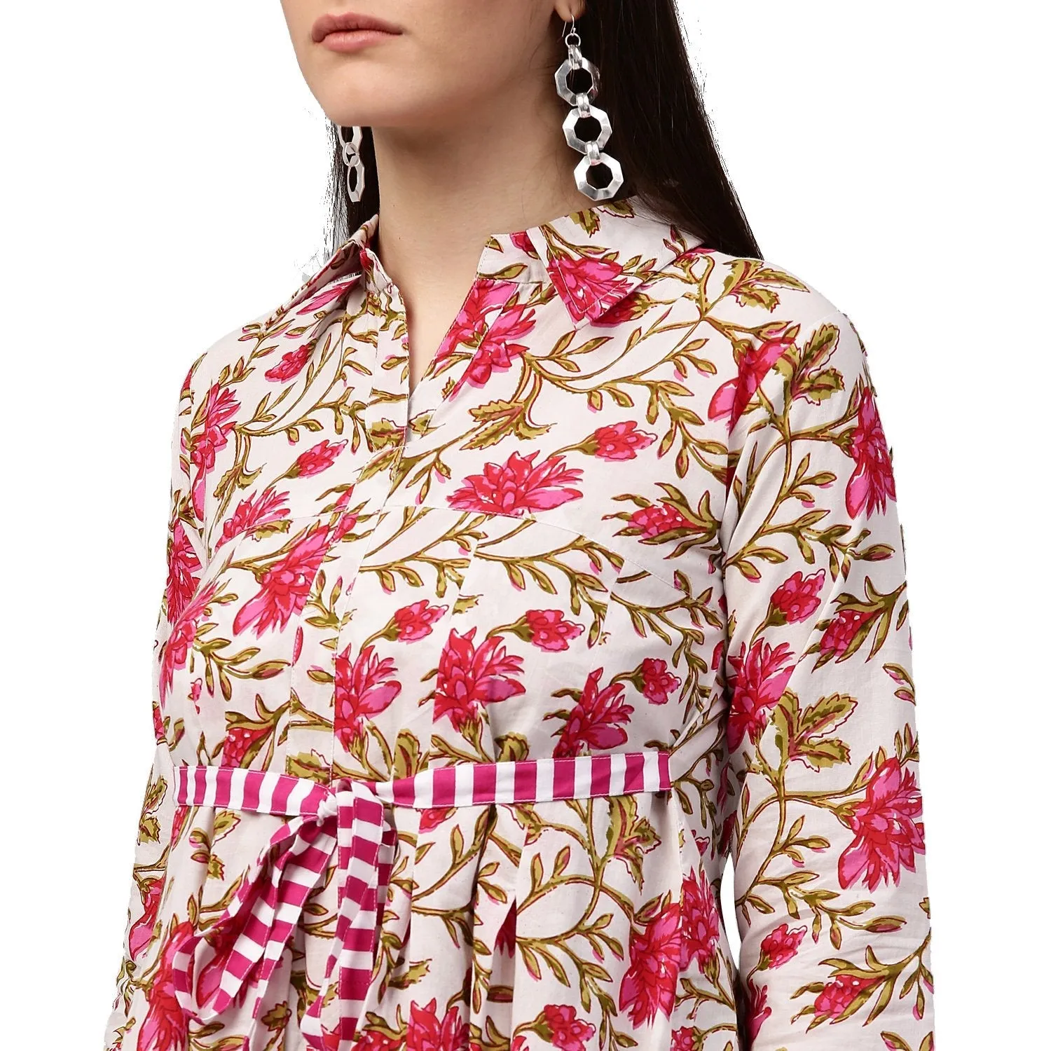 White Floral Printed 3/4Th Sleeve Cotton Anarkali Kurta