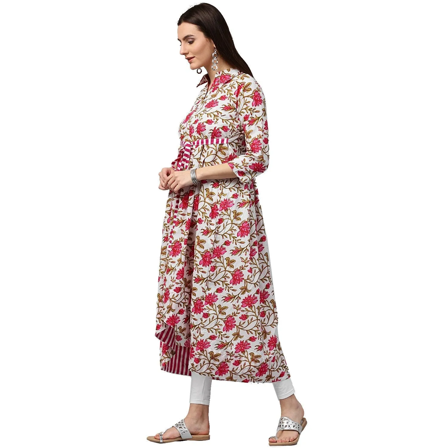 White Floral Printed 3/4Th Sleeve Cotton Anarkali Kurta