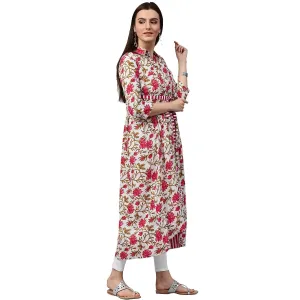 White Floral Printed 3/4Th Sleeve Cotton Anarkali Kurta