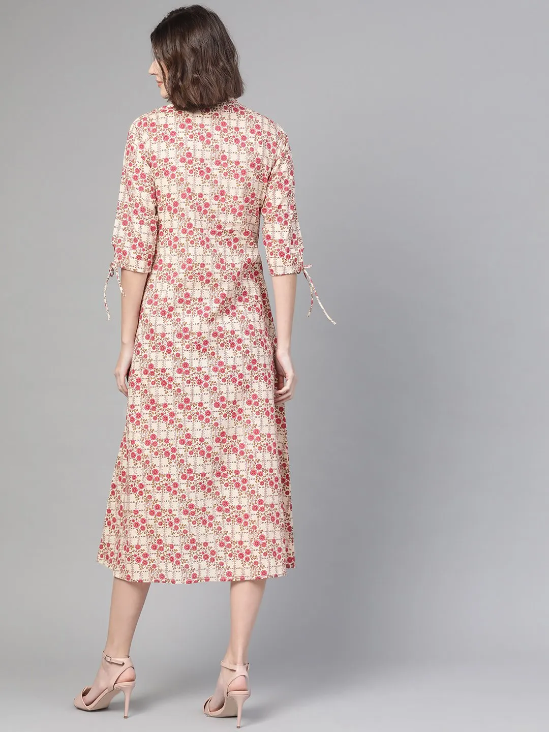 Women Off White & Pink Floral Printed A-Line Dress