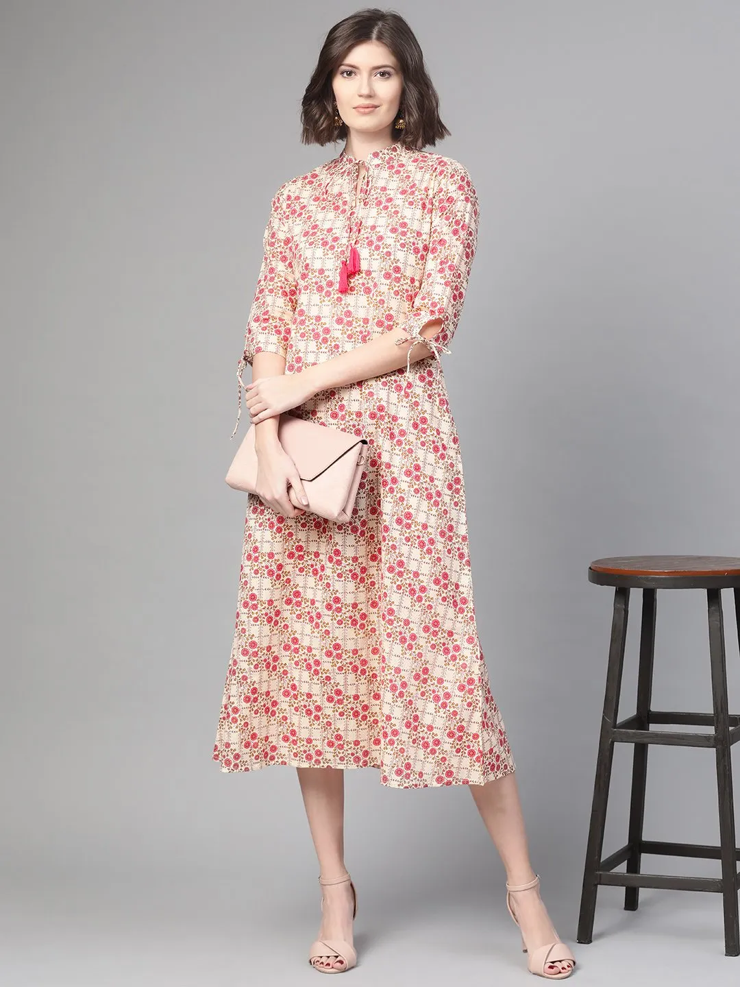 Women Off White & Pink Floral Printed A-Line Dress