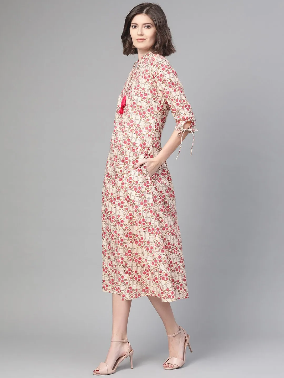 Women Off White & Pink Floral Printed A-Line Dress