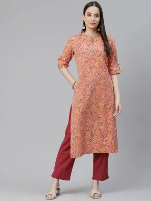 Women'S Pink Printed Cotton Straight Kurta