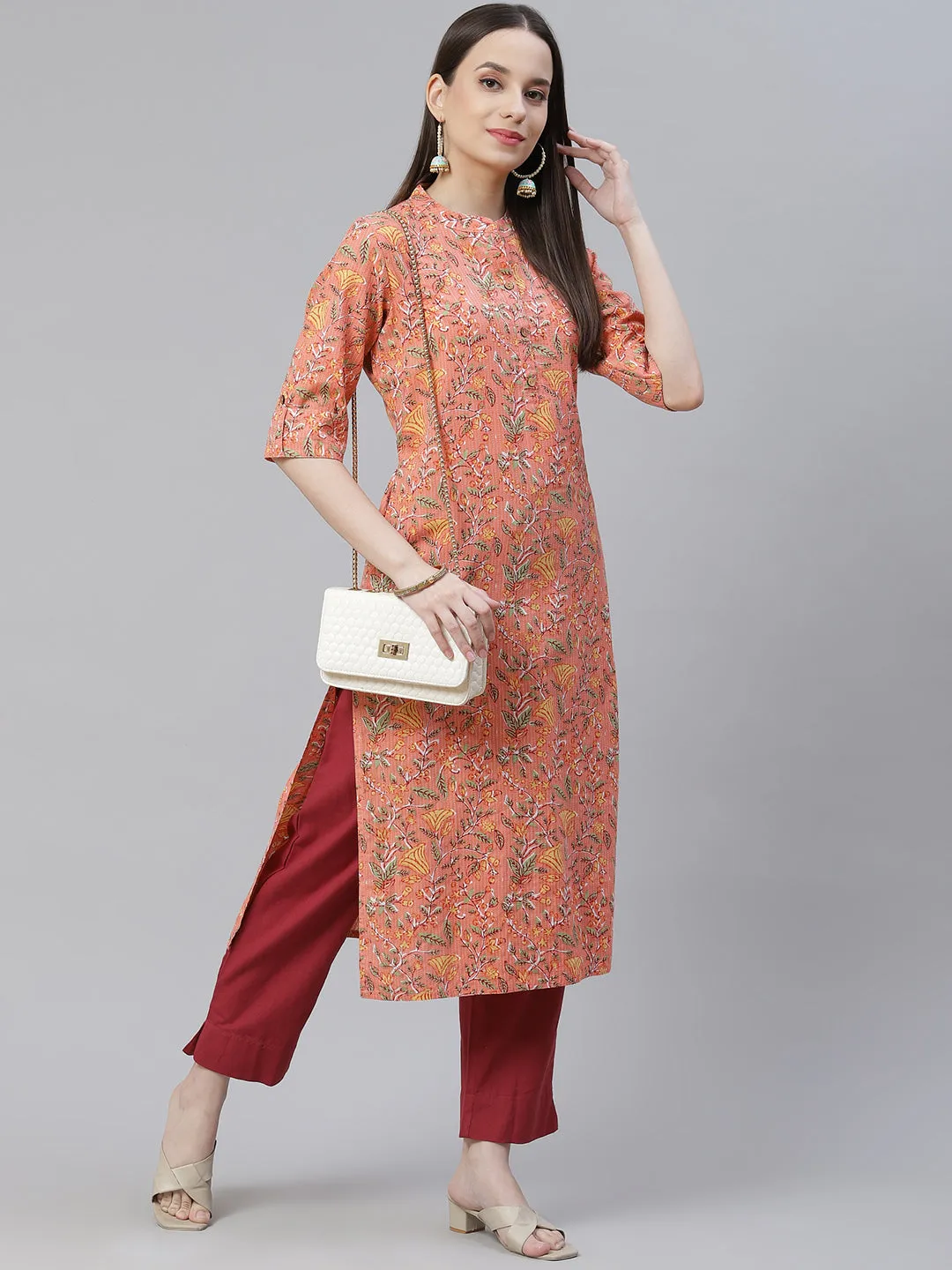 Women'S Pink Printed Cotton Straight Kurta