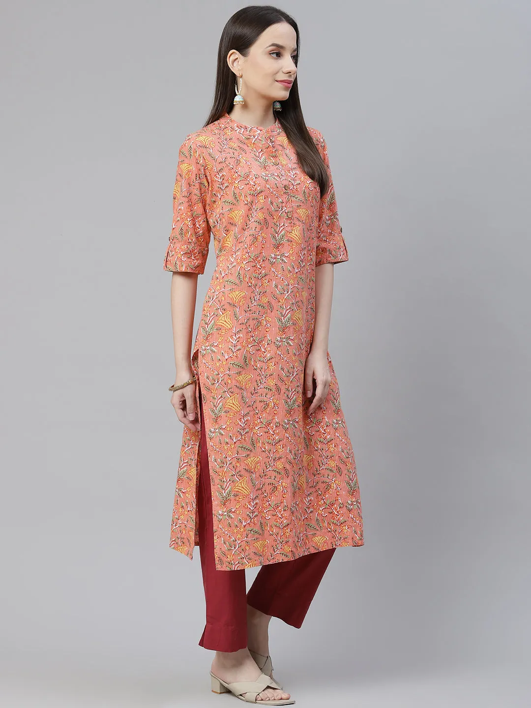 Women'S Pink Printed Cotton Straight Kurta